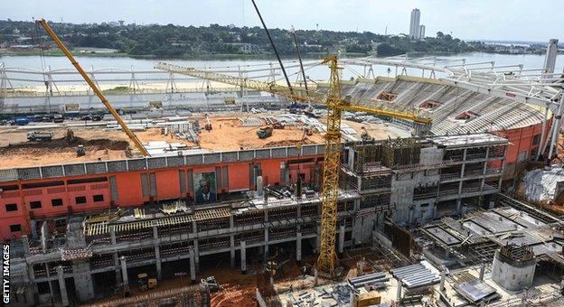 A general view of construction and renovation work at the Felix Houphouet Boigny Stadium in Abidjan on 18 August 2022