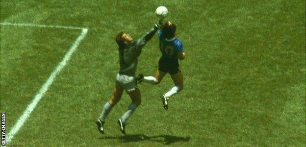 Diego Maradona out-jumps Peter Shilton to score his 'Hand of God' goal