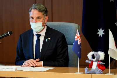 Australian Defence Minister Richard Marles speaks as he and his Japanese counterpart Nobuo Kishi (not pictured) attend a joint news conference at the Ministry of Defence in Tokyo, Japan, 15 June 2022 (Photo: Shuji Kajiyama/Pool via Reuters).