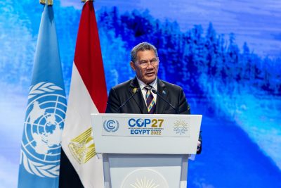 Kausea Natano, Prime Minister of Tuvalu delivers his national statement at COP27 UN Climate Change Conference, Sharm El-Sheikh International Convention Center, Egypt , 8 November 2022. (Photo: Reuters/Dominika Zarzycka/NurPhoto)