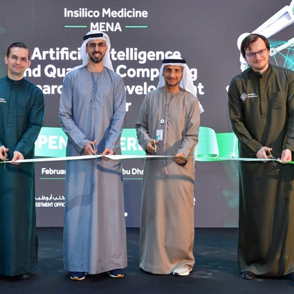 Insilico opened a regional research centre in Abu Dhabi this month. The opening ceremony was attended by Alex Zhavoronkov, Insilico’s co-founder and CEO, Omar Al Olama, the UAE’s Minister of State for Artificial Intelligence, Digital Economy and Remote Work Applications, Ahmed Baghoum, the acting CEO of Masdar City, and Alex Aliper, Insilico’s co-founder and president. Photo: Handout