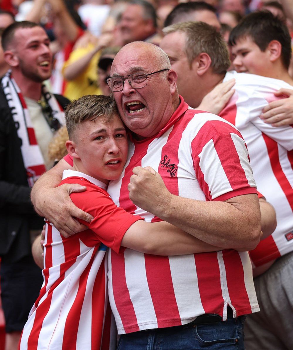 Sunderland fans celebrate their side's first goal scored by Elliot Embleton during the Sky Bet League One play-off final match between Sunderland and Wycombe Wanderers at Wembley Stadium, 21 May 2022