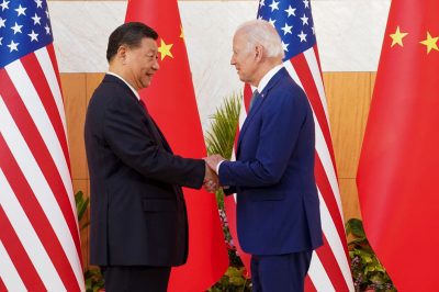 US President Joe Biden shakes hands with Chinese President Xi Jinping as they meet on the sidelines of the G20 leaders' summit, Bali, Indonesia, 14 November 2022 (Photo: Reuters/Kevin Lamarque).