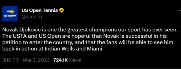 Novak Djokovic US Open Tweet