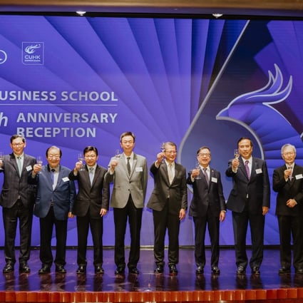 (From left) Mr Eric Ng, Vice-President (Administration) and University Secretary of CUHK, Dr Norman Chan, Honourary Professor of CUHK, Professor Ambrose King, Former Vice-Chancellor of CUHK, Mr Chris Sun, Secretary for Labour and Welfare, Professor John Chai Yat-chiu, Chairman of CUHK Council, Mr Paul Chan Mo-po, Financial Secretary, Professor Alan Chan, Provost of CUHK, Professor Zhou Lin, Dean of CUHK Business School, Professor Lee Kam-hon, Emeritus Professor and Former Dean of CUHK Business School and Mr Joseph Man Kwok-kei, Graduate from the 1st Cohort of CUHK MBA Programme, officiated at the CUHK Business School 60th Anniversary Reception.