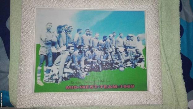 A reprint of a photo of the Mid-Western State team that played Santos in 1969