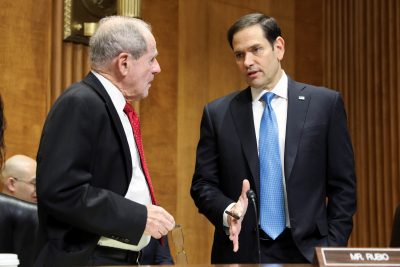 Senator James Risch (R-ID) and Senator Marco Rubio (R-FL) speak before a US Senate Foreign Relations Committee hearing about at the government's policy towards China in 'the era of strategic competition' at the US Capitol in Washington, US, 9 February 2023 (Photo: Reuters/Amanda Andrade-Rhoades).