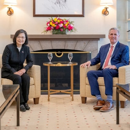 Taiwan’s president, Tsai Ing-wen, and US Speaker of the House Kevin McCarthy attend a meeting at the Ronald Reagan Presidential Library, in Simi Valley, California, US, in this handout picture released on April 6. Photo: Taiwan Presidential Office / Handout via Reuters