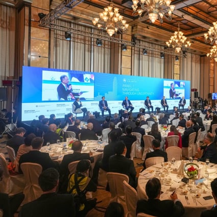 (From left) HKMA CEO Eddie Yue, Blackstone’s Michael Chae, Morgan Stanley’s James Gorman, UBS Group’s Colm Kelleher, Bank of China’s Liu Jin and Goldman Sachs’ David Solomon attend the Global Financial Leaders’ Investment Summit at the Four Seasons Hotel in Central on November 2, 2002. Photo: Sam Tsang