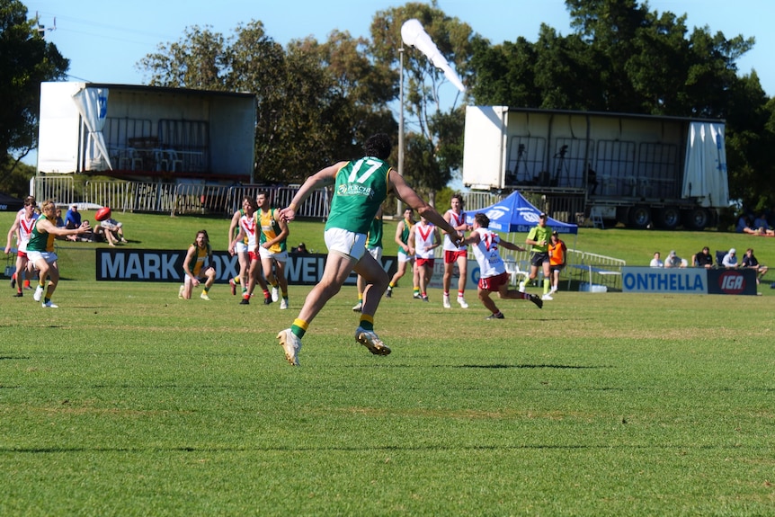 Football player with green shirt and number 17 runs away from the camera. 