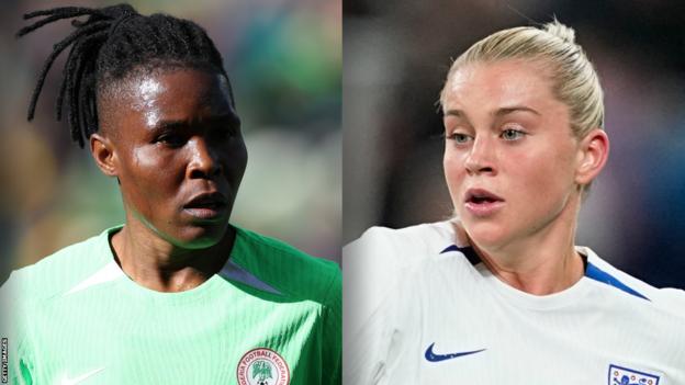 Nigeria defender Osinachi Ohale and England forward Alessia Russo at the Women's World Cup