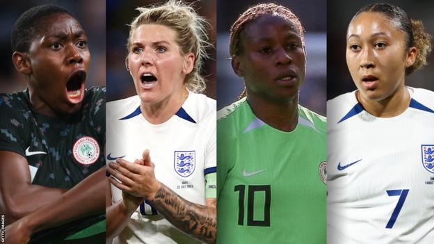 A photo of Nigeria football players Asisat Oshoala and Christy Ucheibe alongside England counterparts Lauren James and Millie Bright at the Women's World Cup