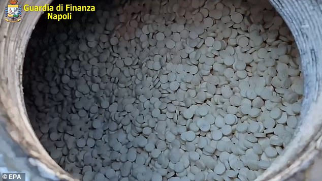 Image shows the haul of captogan tablets recovered by authorities in Salerno in 2020, valued at over one billion euro