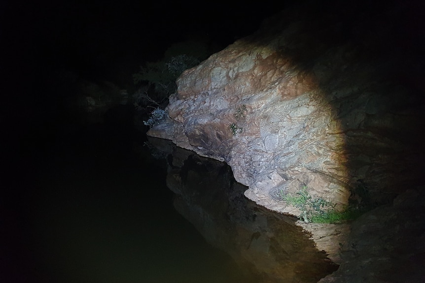 Edge of a desert water hole lit by a torch