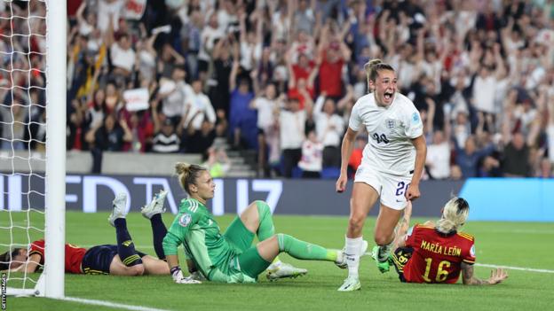 England's Ella Toone celebrates scoring against Spain at Euro 2022
