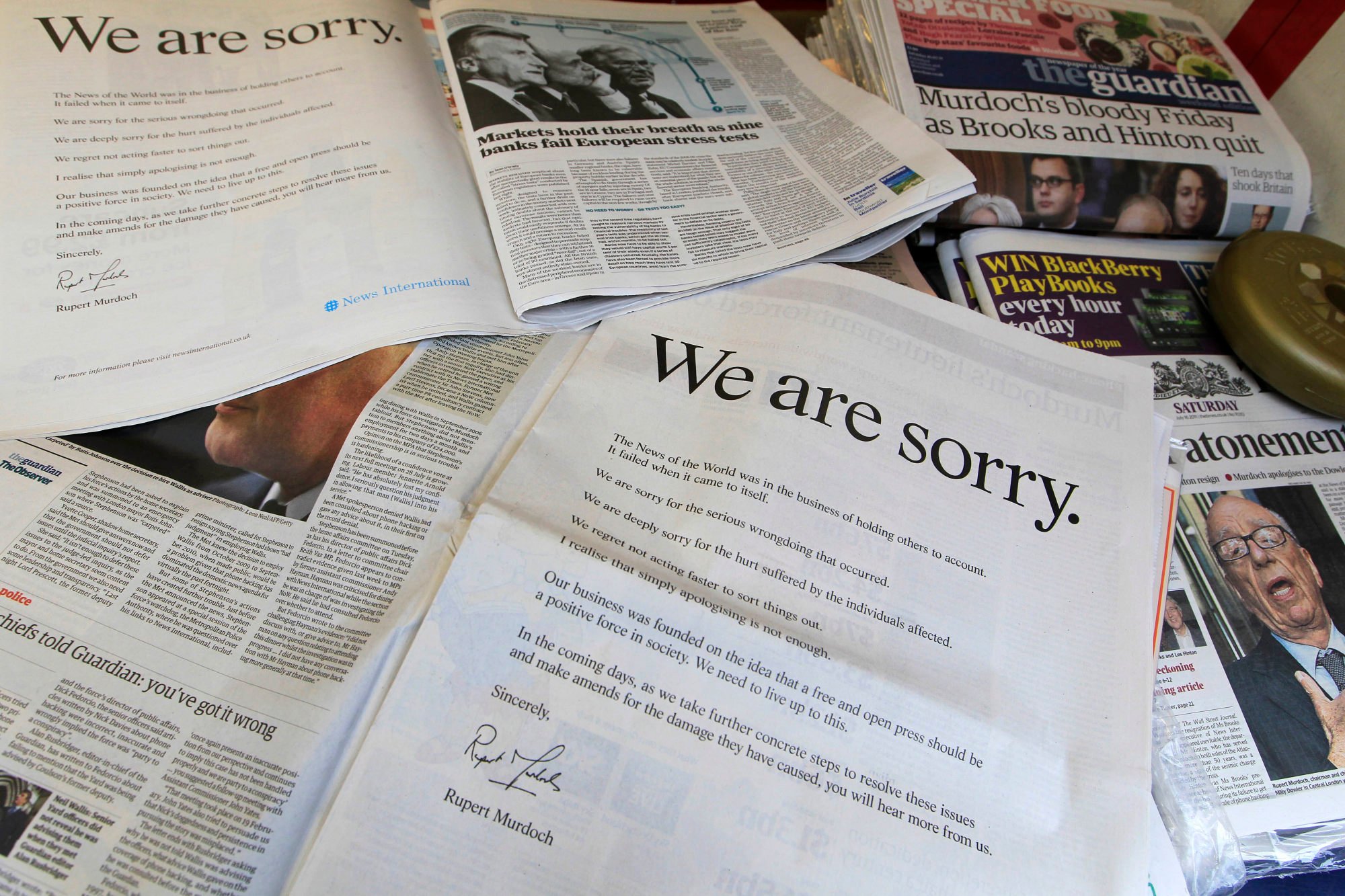News Corp took out full-page adverts, signed by its chairman Rupert Murdoch, in every national newspaper in the UK to apologise for the phone-hacking scandal, on July 16, 2011. Photo: AP