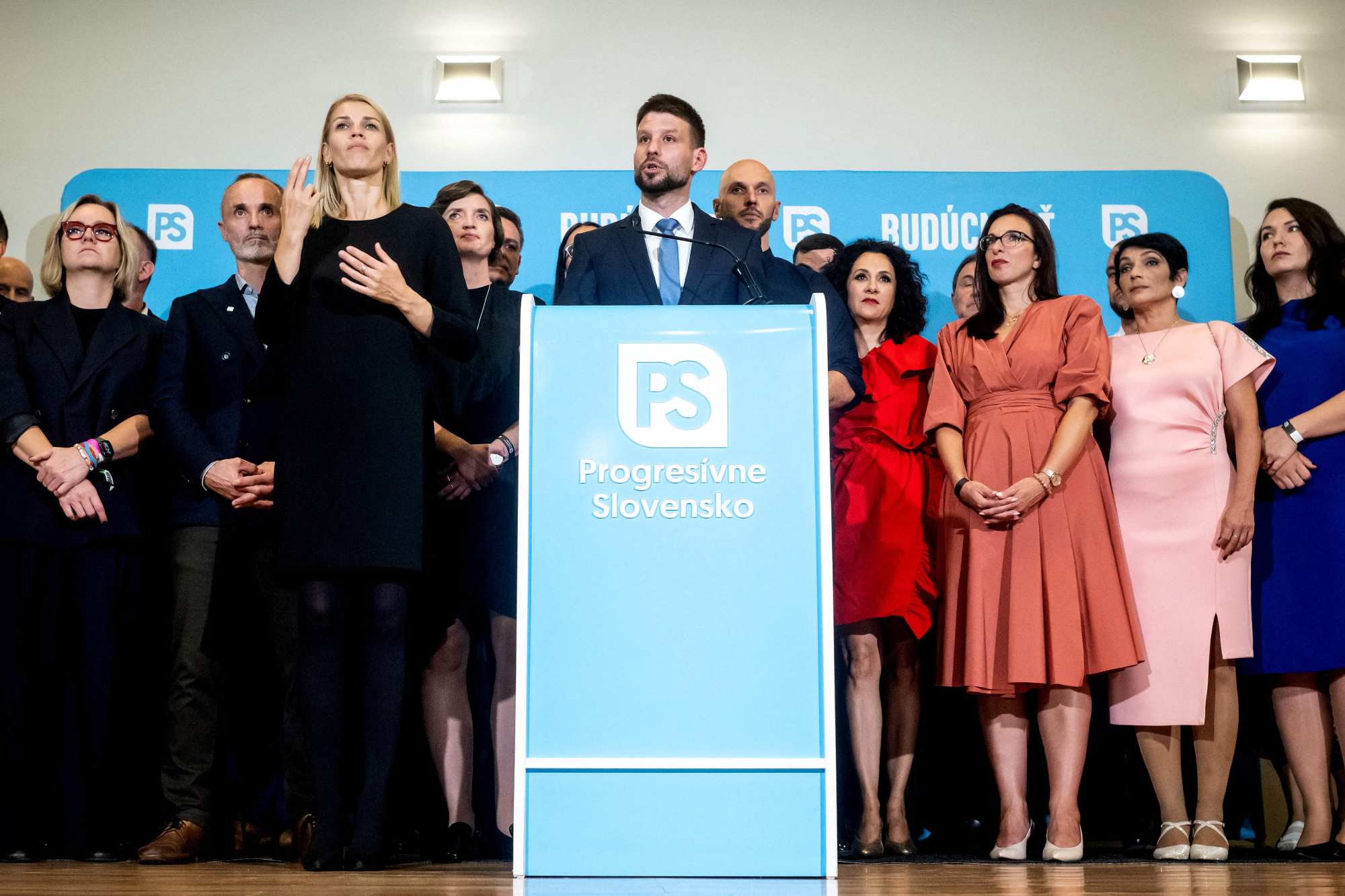 Progressive Slovakia party, led by Michal Simecka (centre), won 17 per cent of the votes at the general election. Photo: AFP