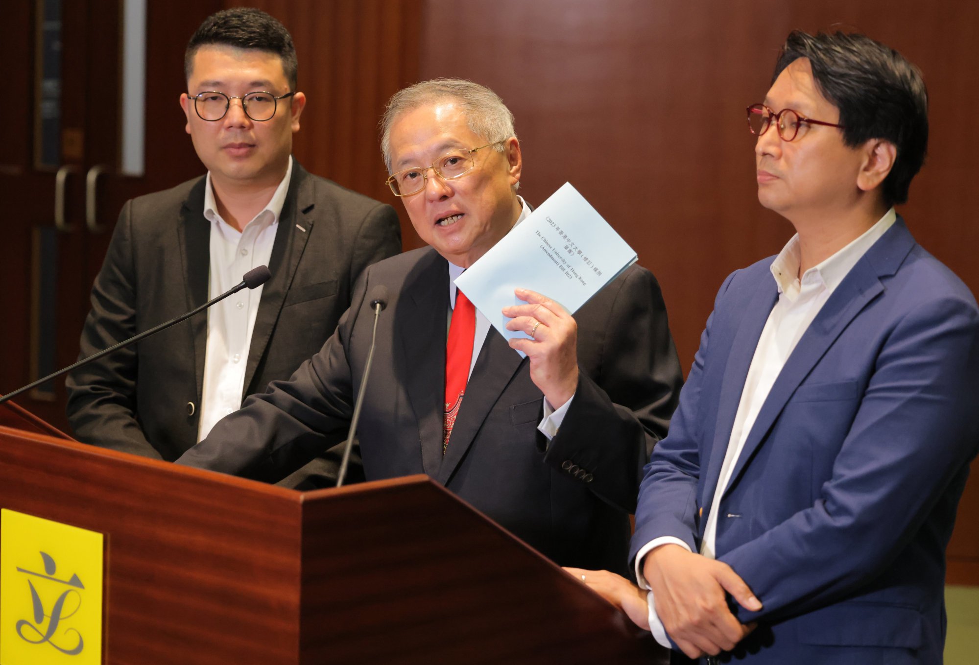 (From left) Lawmakers Edward Lau. Tommy Cheung and Bill Tang meets the press to discuss the private bill in June. The bill will be gazetted either this Friday or the next, according to Cheung. Photo: Jelly Tse