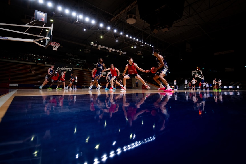 Basketball players on a court