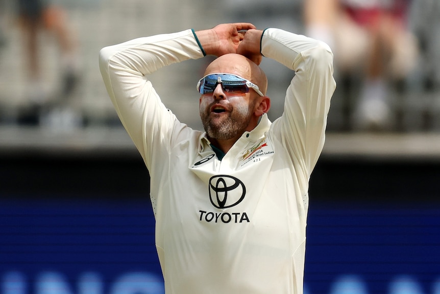 Nathan Lyon holds his head