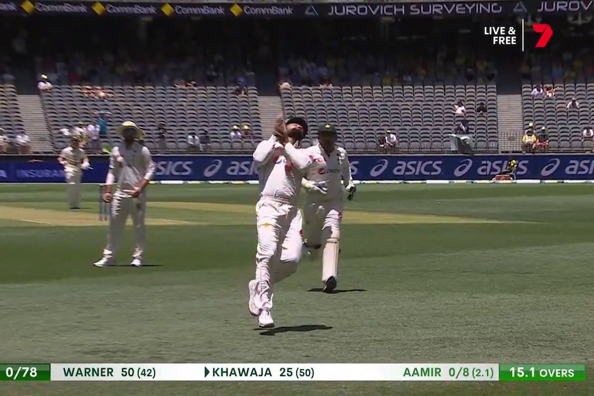 Pakistan fielder Abdullah Shafiique drops a catch during a Test against Australia.
