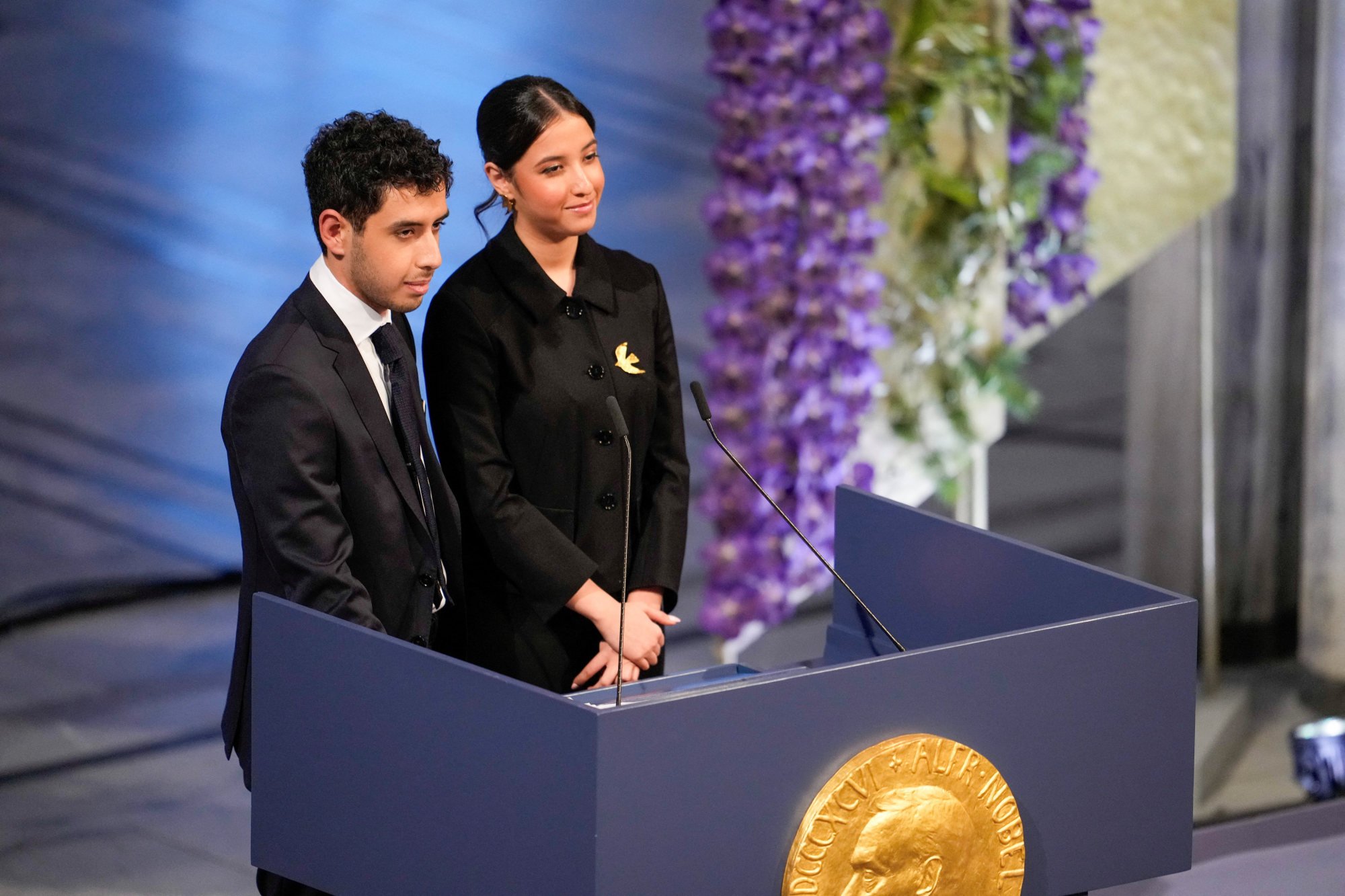 Kiana and Ali Rahmani, children of Narges Mohammadi, an imprisoned Iranian human rights activist, who was awarded the Nobel Peace Prize 2023, receive the award on behalf of their mother. Photo: Reuters