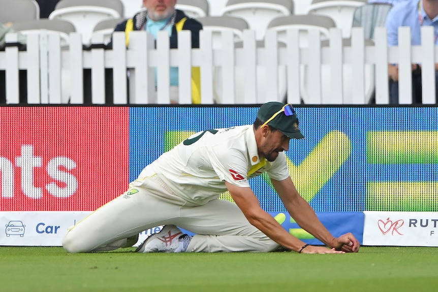 Mitch Starc slides on the ground with the ball on the ground