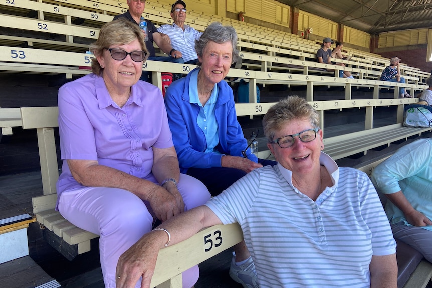Former Australian female cricketers Raelee Thompson, Marg Jennings and Lorraine Hill in the old Blackie-Ironmonger Stand