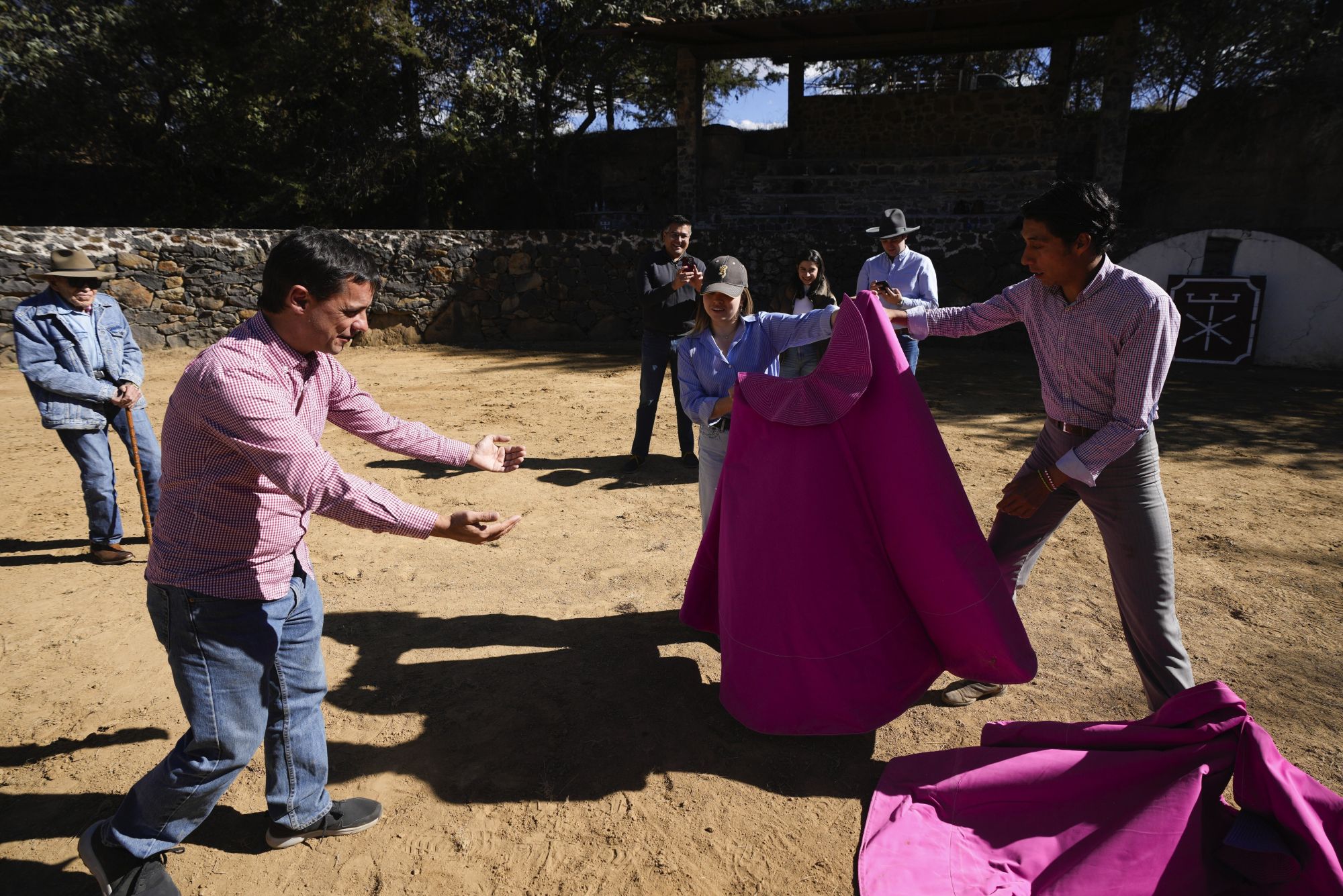 Students learn capework during a bullfighting workshop at the San Jose cattle ranch in Aculco, Mexico on Thursday. Photo: AP