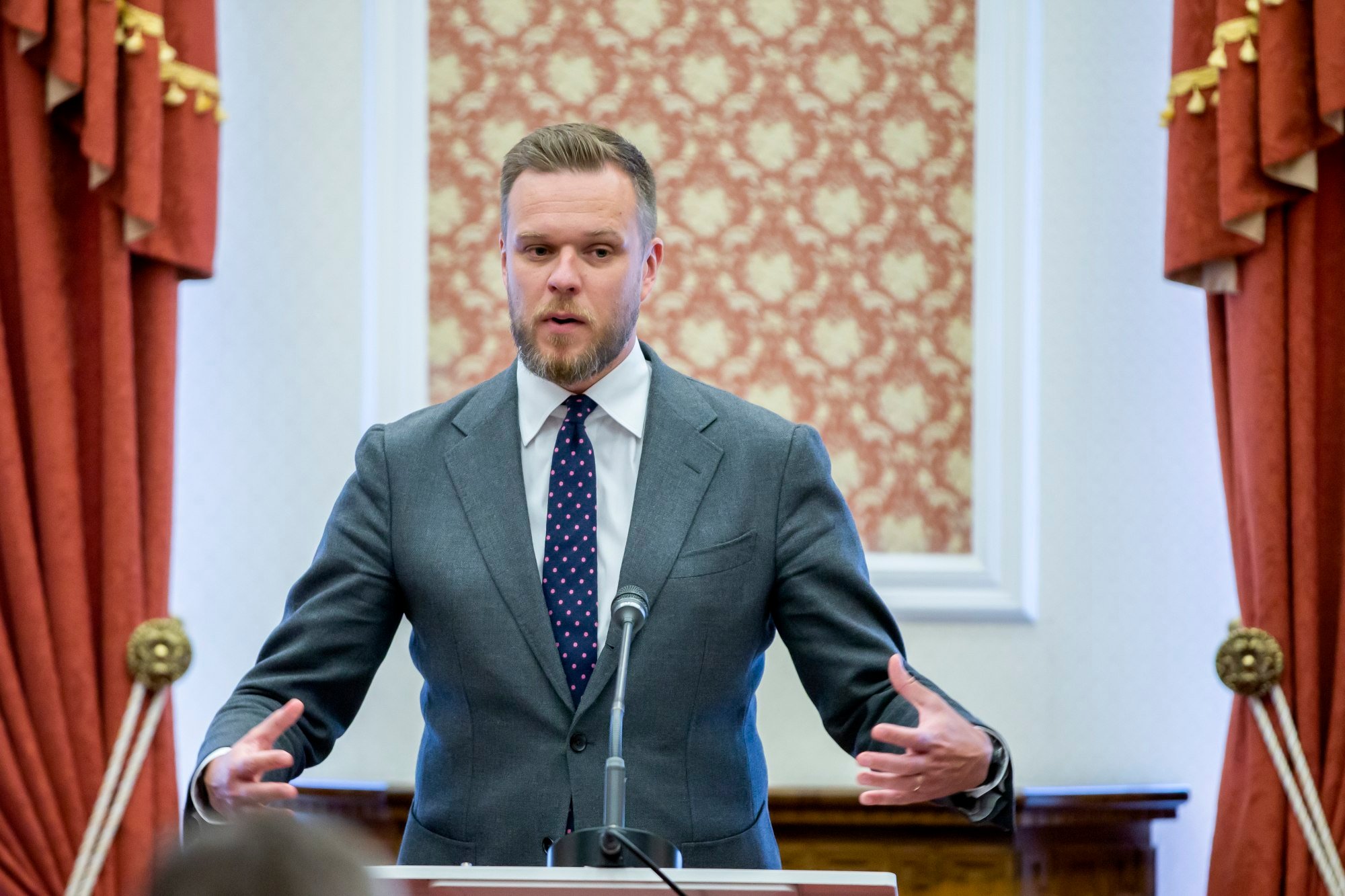 Lithuanian Foreign Minister Gabrielius Landsbergis speaks during a meeting with his counterparts from the Nordic-Baltic 8 in Chisinau, Moldova in April 2023. Photo: EPA-EFE
