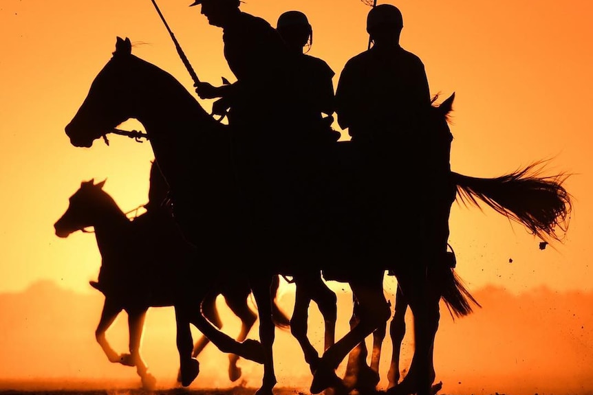 A game of polocrosse with the sun setting in the background.