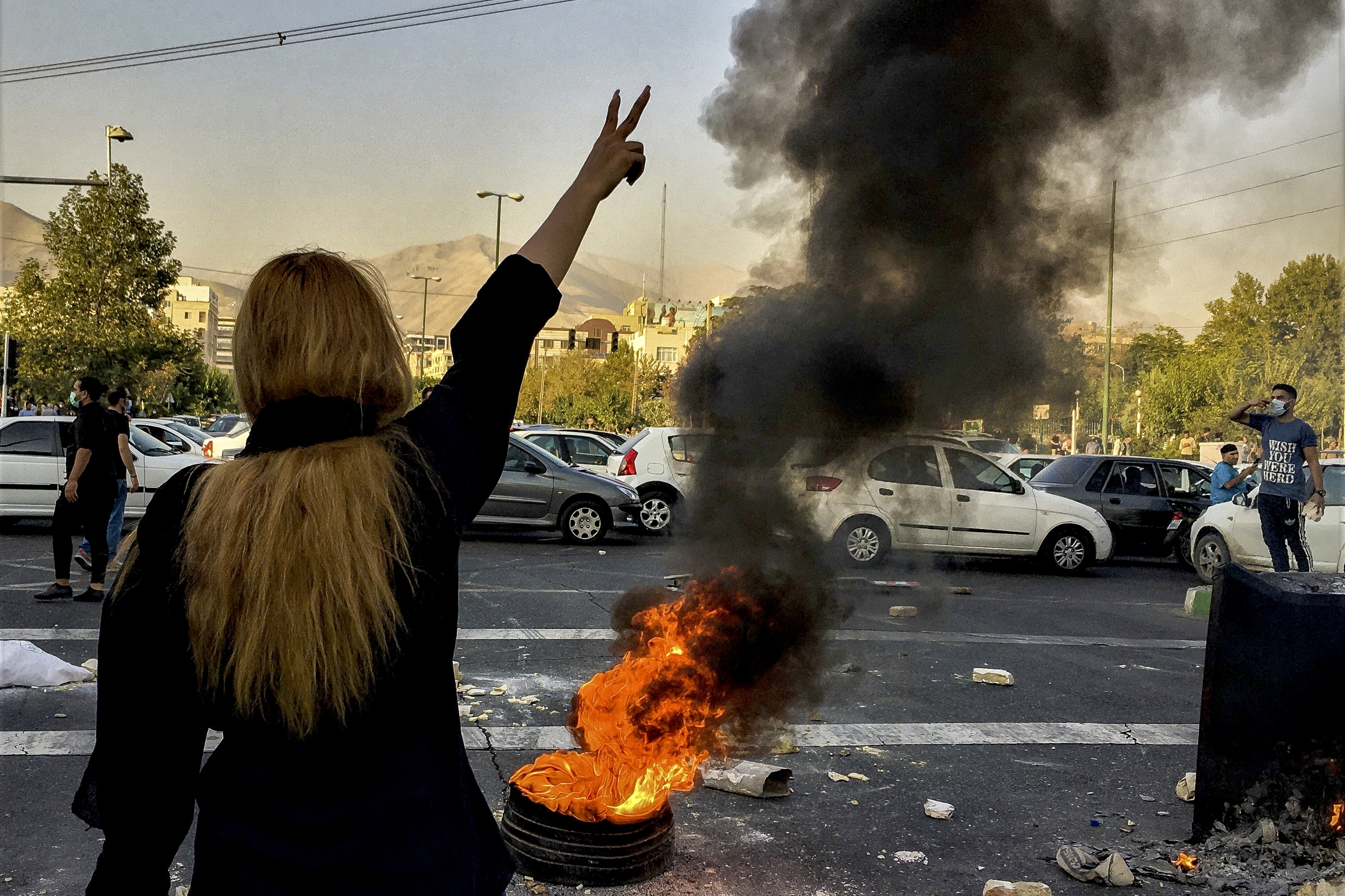 A picture from the violent protests of the Iranian public following the death of Mahsa Amini
