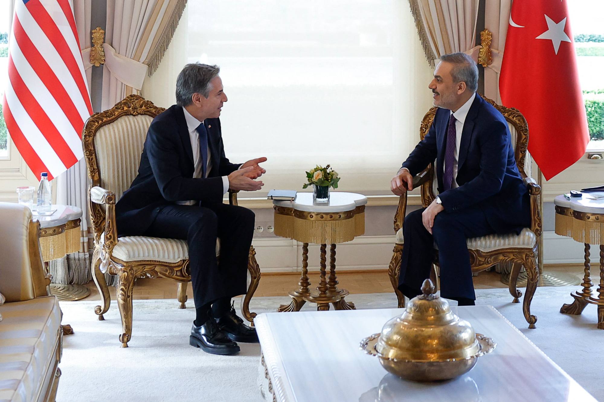US Secretary of State Antony Blinken (left) meets Turkish Foreign Affairs Minister Hakan Fidan at Vahdettin, a private residence of the presidency, in Istanbul, on Saturday. Photo: AFP