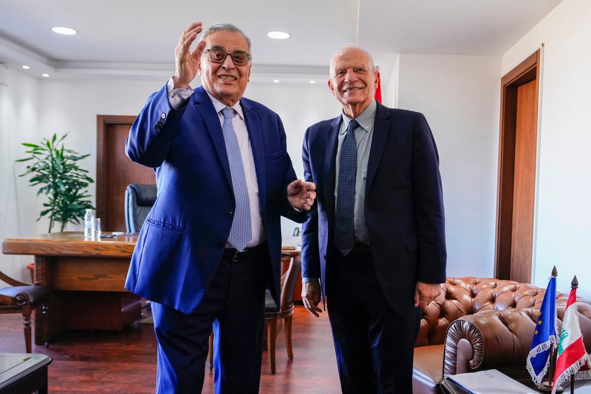 Lebanese Foreign Minister Abdallah Bouhabib (left) with European Union foreign policy chief Josep Borrell in Beirut, Lebanon, on Saturday. Photo: AP