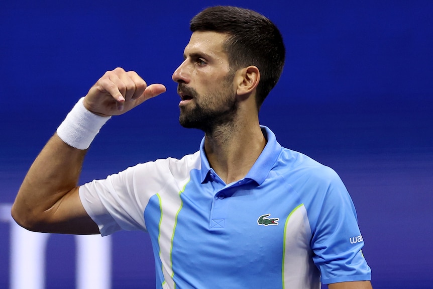 Novak Djokovic celebrates his win over Ben Shelton at the 2023 Australian Open.