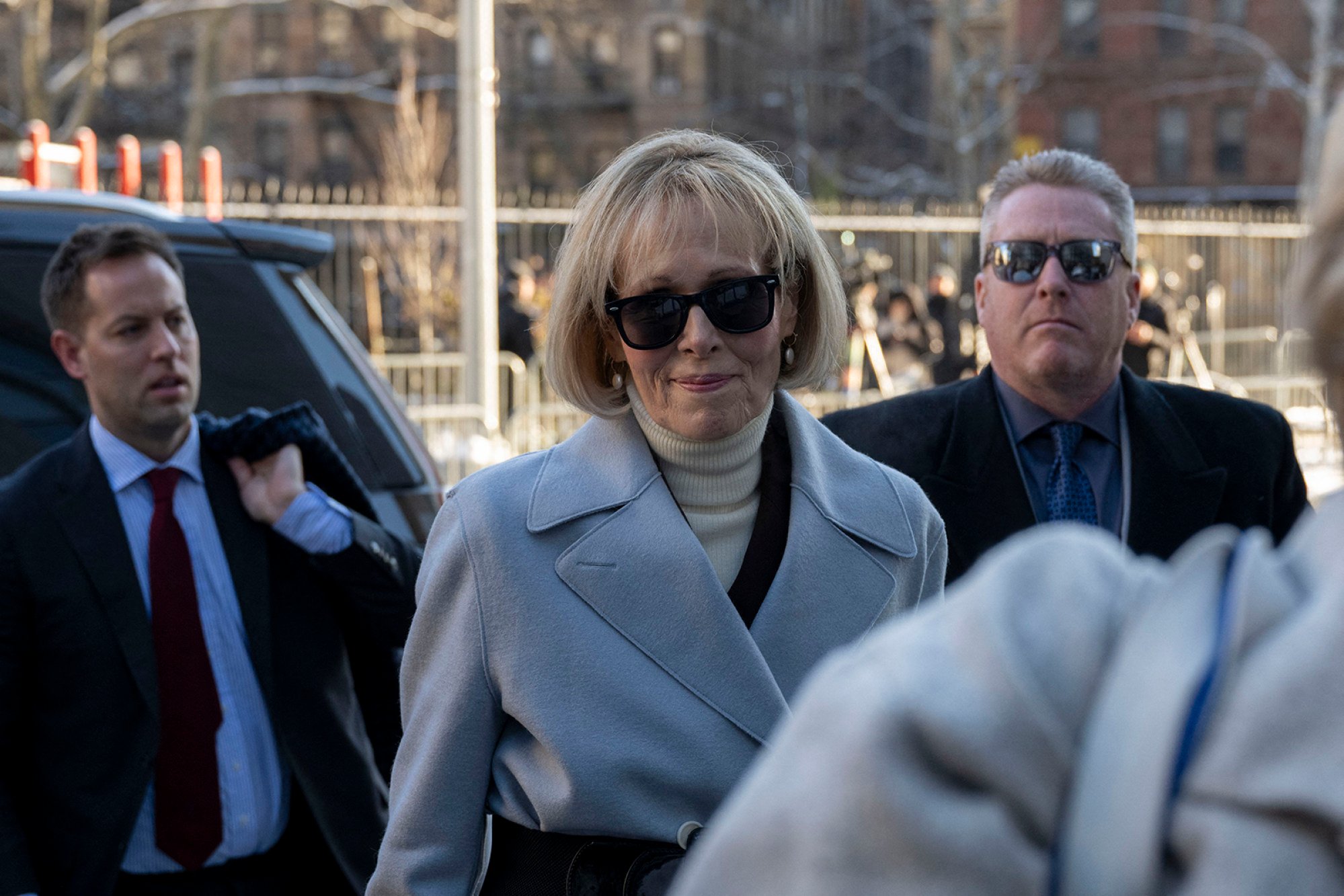 Former magazine columnist E. Jean Carroll arrives at Manhattan federal court on Wednesday. Photo: AFP