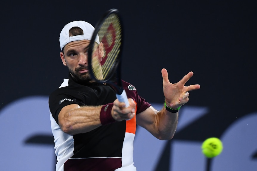 Grigor Dimitrov holding a racket in front of him hitting a tennis ball. 