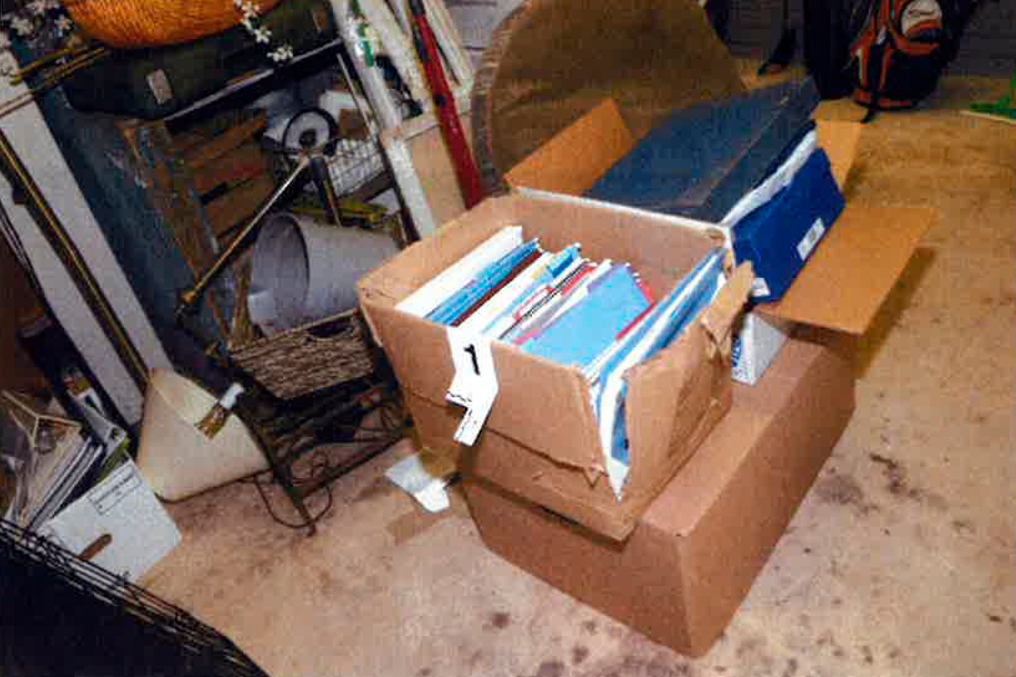 A damaged box where classified documents were found in the garage of Joe Biden’s home in Wilmington, Delaware during a search by the FBI in 2022. Photo: Justice Department via AP