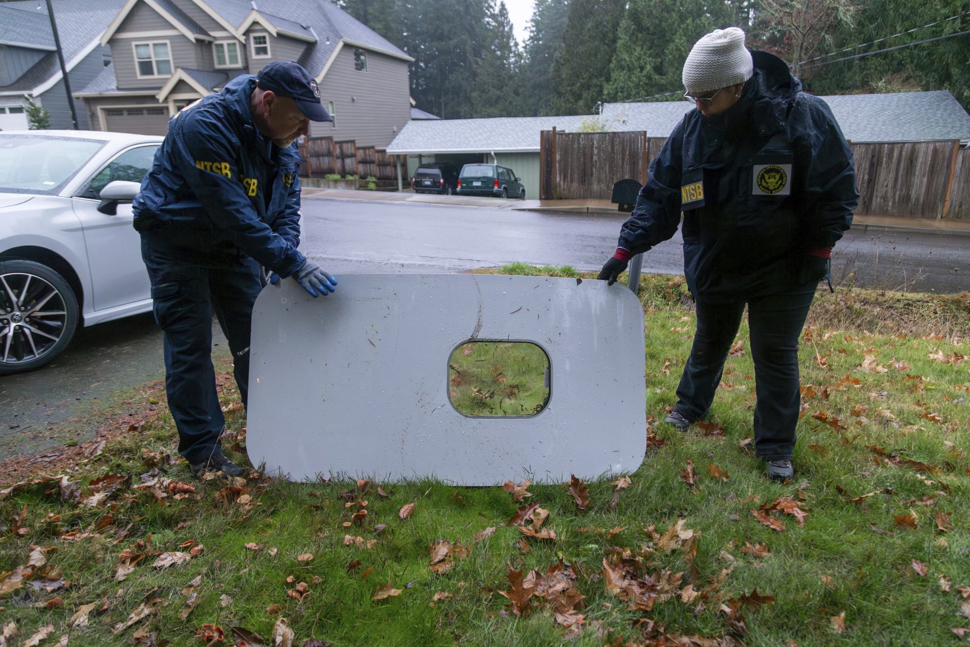 The door plug from Alaska Airlines Flight 1282 is seen in Portland in January. Photo: National Transportation Safety Board via AP
