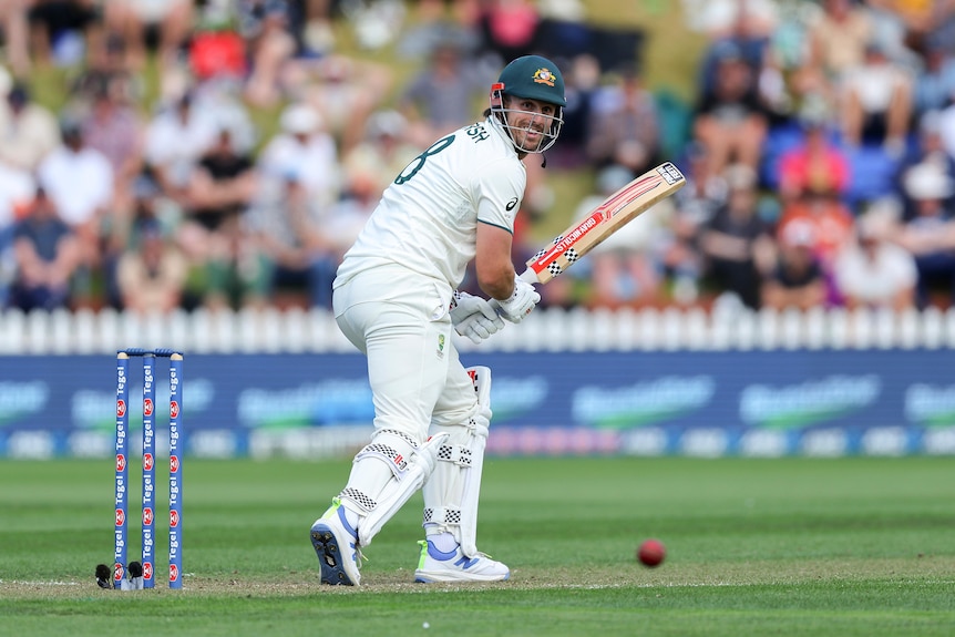 Mitch Marsh smiles as the ball runs away from him