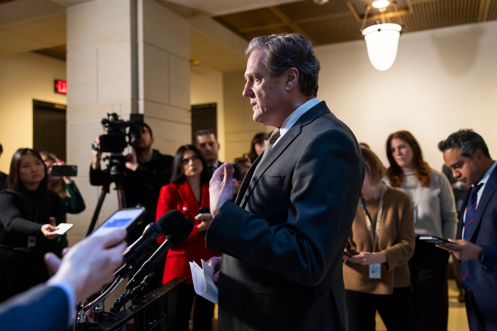 Republican Chair on the US House Permanent Select Committee on Intelligence Mike Turner speaks to reporters in Washington on February 15 after a meeting about Russia’s pursuit of a space-based nuclear weapon. Photo: EPA-EFE