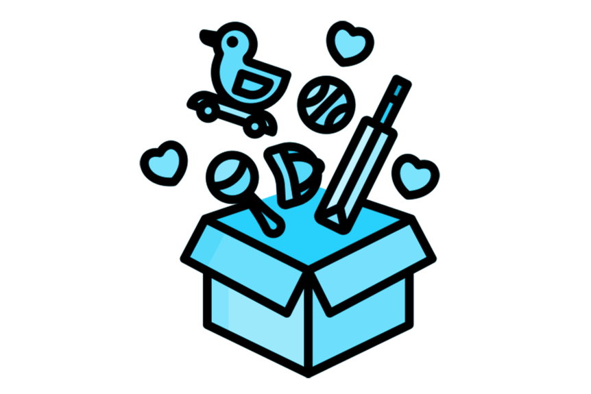 A blue cartoon box has a range of toys bursting out of it over the word 'miscellaneous'