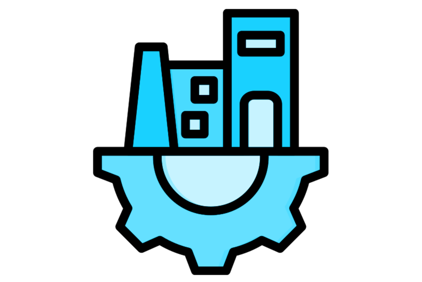 A blue graphic of buildings sitting on top of half a cog over the word 'infrastructure'