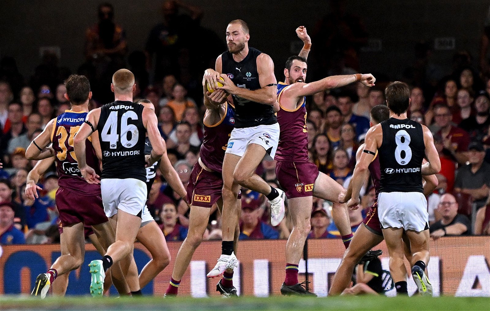 Harry McKay marks for Carlton against Brisbane.