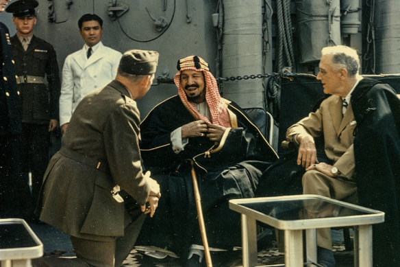 Franklin D Roosevelt (right) was first elected president in 1932, the year King Abdulaziz (centre) formed Saudi Arabia. Here they speak through an army translator in Egypt in 1945.