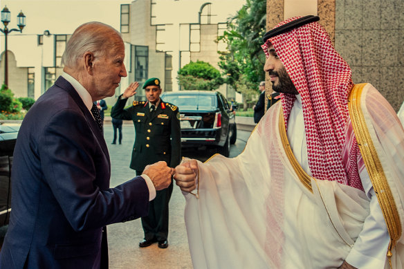 US President Joe Biden and MBS bump fists in Jeddah in July 2022.
