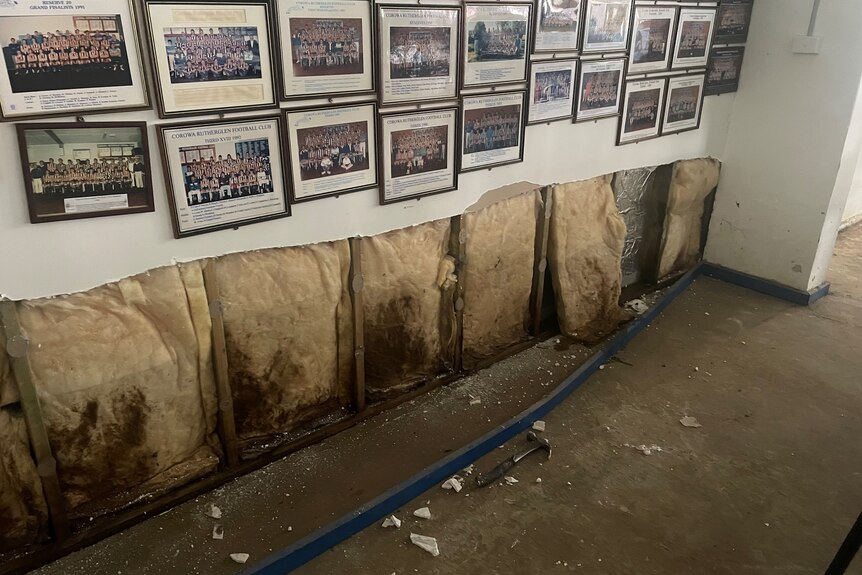 A wall with picture frames on top and the insulation exposed on the bottom. A hammer rests on the water-damaged floor