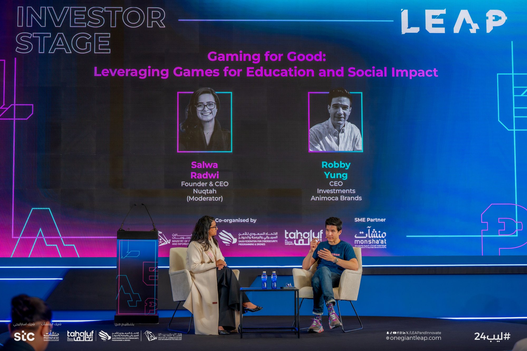 Animoca Brands CEO Robby Yung (right) discusses video gaming and education at Saudi Arabia’s Leap technology conference on March 6, 2024. Photo: Animoca Brands