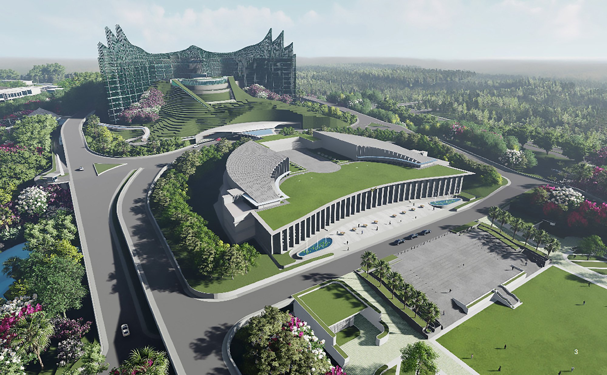 Computer-generated imagery released by Nyoman Nuarta in January 2022 shows a design illustration of Indonesia’s future presidential palace in East Kalimantan. Photo: Handout/Nyoman Nuarta/AFP