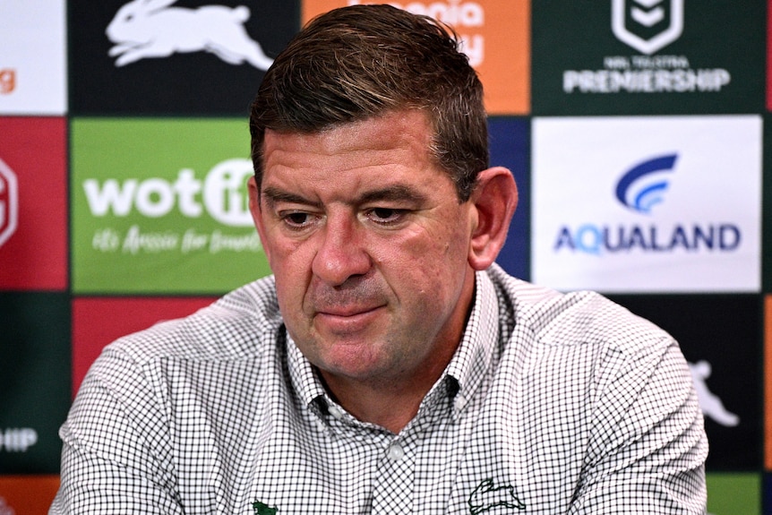 Jason Demetrious during a media conference after a South Sydney NRL loss.